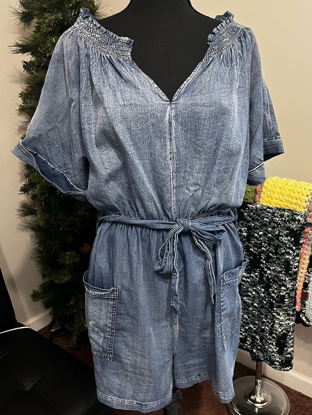 Chambray Short-Sleeve Tie-Waist Romper